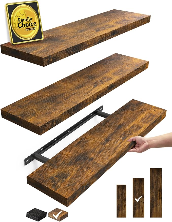 BAYKA Floating Shelves for Wall, Set of 3, 22.5 Inch Rustic Wood Wall Mounted Shelving for Bathroom, Bedroom, Living Room or Kitchen, Hanging Display Decor Book Shelf with 22 lbs, Rustic Brown by Bayka