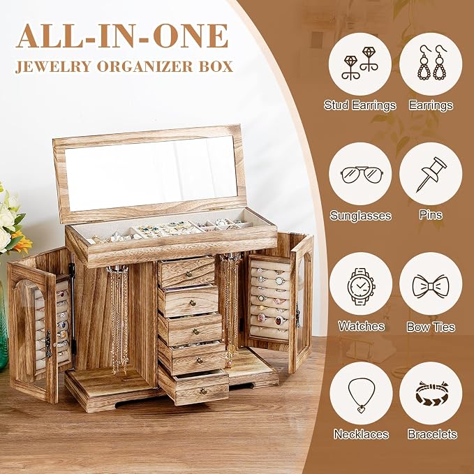 Miratino Jewelry Box for Women Girls, Rustic Wooden Jewelry Organizer Box with Mirror, 5 Layer Jewelry Storage Case Display for Necklaces Earrings Rings Bracelets Valentine's Day Gifts - Image 3
