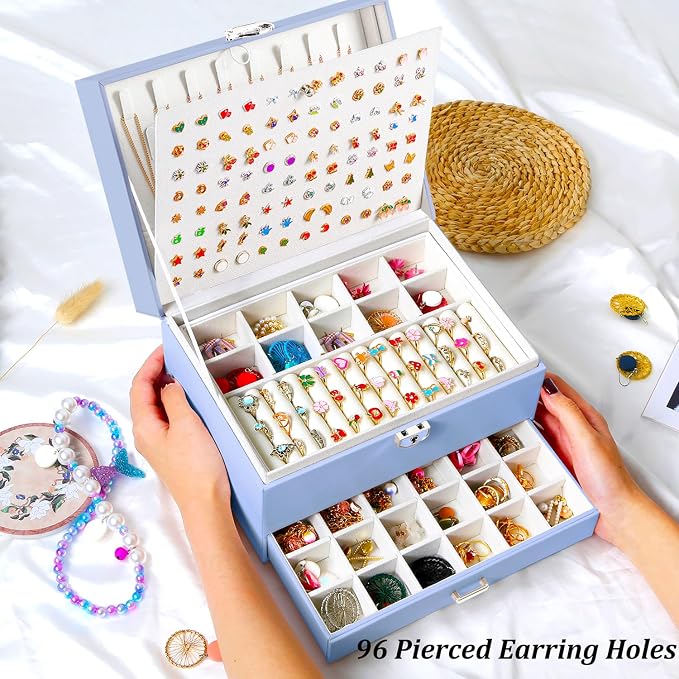 QBestry Earrings Jewelry Box for Girls, 5 Layers Jewelry Organizer with Earring Holder Organizer for Girls Earring Organizer Jewelry Boxes for Women Earrings and Necklaces Jewelry Box Organizer Blue - Image 6