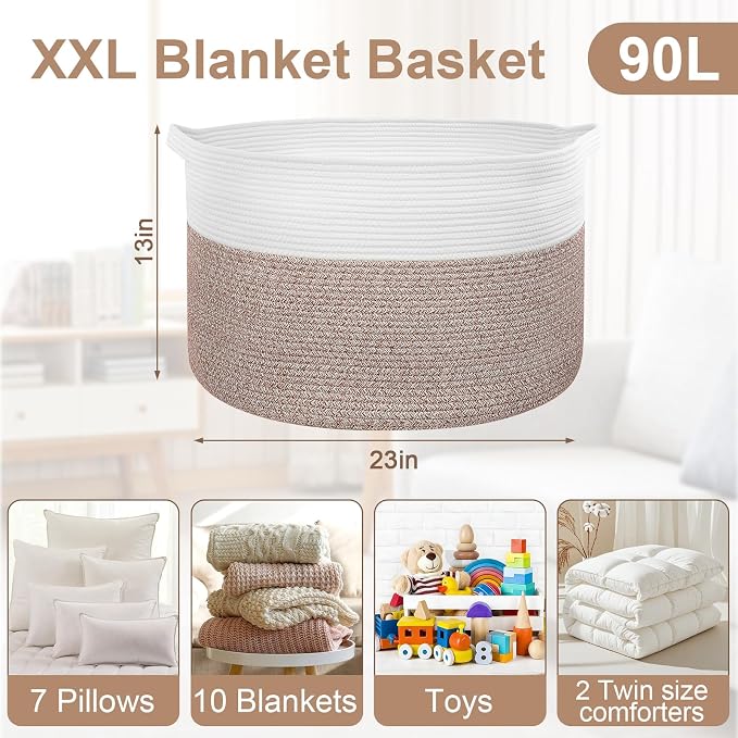 90L Extra Large Blanket Basket for Living Room - Cotton Rope Laundry Hamper Woven Baskets XXL Storage Bin with Handles for Dirty Clothes, Kids, Pets, Toys, Bedroom, 23'' x 23'' x 13'', White & Brown - Image 2