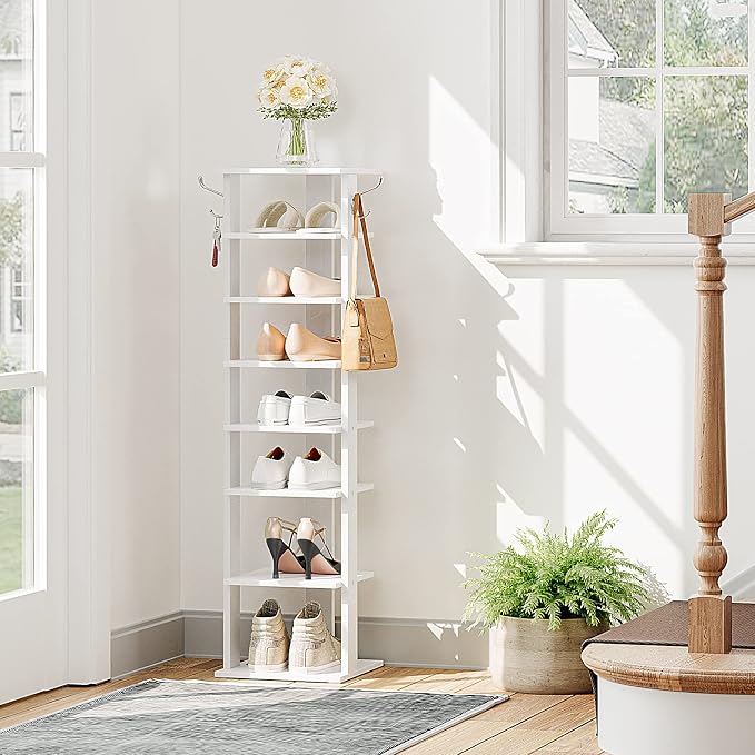 HOOBRO 8 Tiers Vertical Shoe Rack, Wooden Shoe Storage Organizer with Hooks, Narrow Shoe Tower for 8 Pairs, Space Saving, for Entryway, Living Room, Bedroom, White WT07XJ01G1 - Image 4