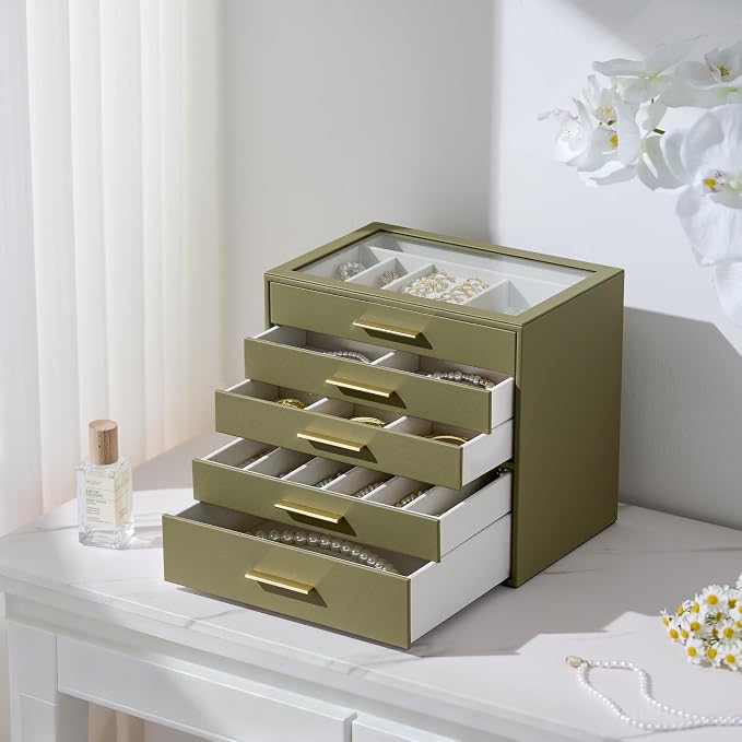 Jewelry Box Organizer Case for Women: 5-Layer Jewelry Storage Case with Glass Window, Olive Green Leather with Cream Velvet, Holder for Ring Necklace Bracelet Brooch Watch, Great Gift for Her - Image 3