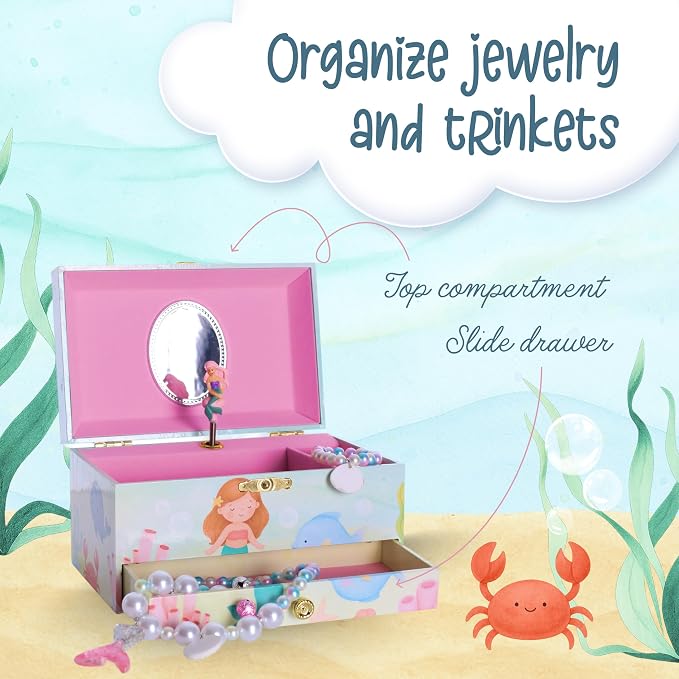 The Memory Building Co Mermaid Musical Jewelry Box Plays Classic Melody, Storage Organizer Music Box for Kids Ages 6-12, MDF Wood w/ 2 Fabric Lined Ring Bracelet Necklace Treasure Compartments - Image 2