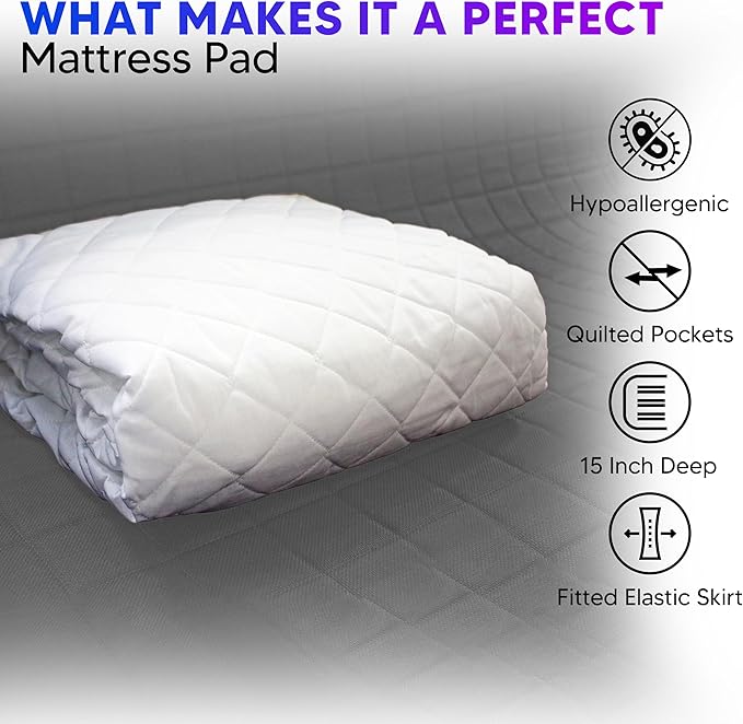 Express Supplies Quilted Fitted Waterproof Mattress Pad - 15 Inch Deep, Non-Allergic, Hollow Fibre Polyester Filling - Machine Washable Mattress Pad, Elastic Fitted Mattress Topper (Full)
