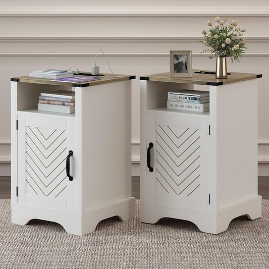 RoyalCraft 25" Tall Nightstands Set of 2, Farmhouse Nightstand with Charging Station, Large End Table with Storage, White Wood Bedside Table for Bedroom, White and Rustic Oak