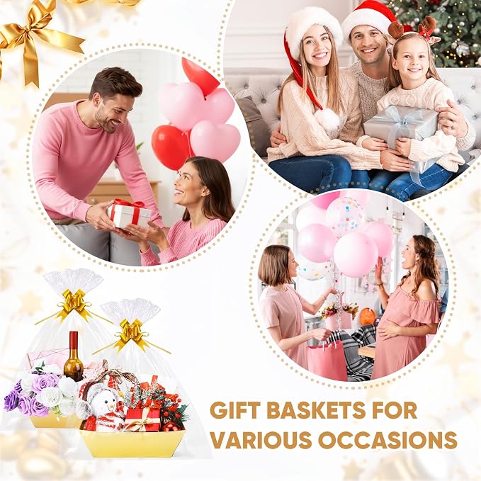 AFOROEOA 6PACK Gold Baskets for Gifts Empty, 12x10x4” Thick Cardboard Gift Basket Kit with 6 Bows & 6 Bags - Kraft Empty Gift Baskets for Christmas, Weddings, Birthdays, Holiday Gifting - Image 8