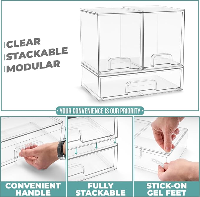 Sorbus Stackable Acrylic Storage Drawers – 2 Tall + 1 Wide – 3 Pack Clear Plastic Organizer Bins for Baby Bottles, Makeup, Bathroom & Vanity, Pull-Out Drawer Design for Kitchen Cabinets - Image 5