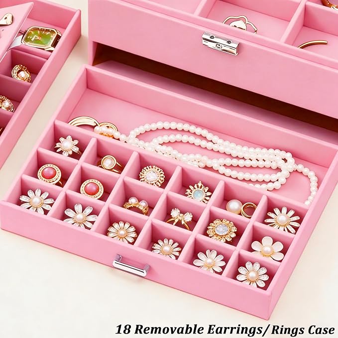 QBestry 3-Layer Jewelry Box for Girls & Teens with Lock and Key, Large Jewelry Organizer with 8 Necklace Hooks & 56 Earring Holes, Pink Velvet Jewelry Storage Box for Necklaces Earrings Rings Bracelet - Image 6