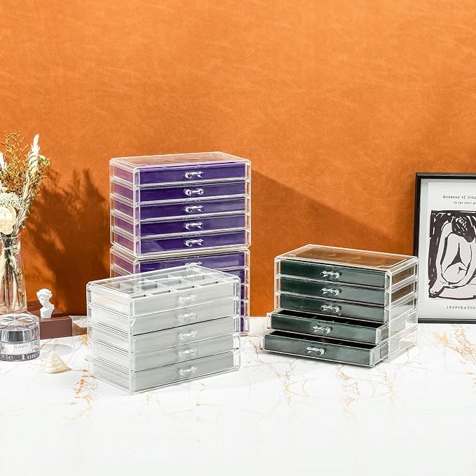 ProCase Earring Holder Organizer Jewelry Box with 10 Drawers, Acrylic Clear Earring Case with Adjustable Velvet Trays for Women - Purple,10 Layers - Image 5