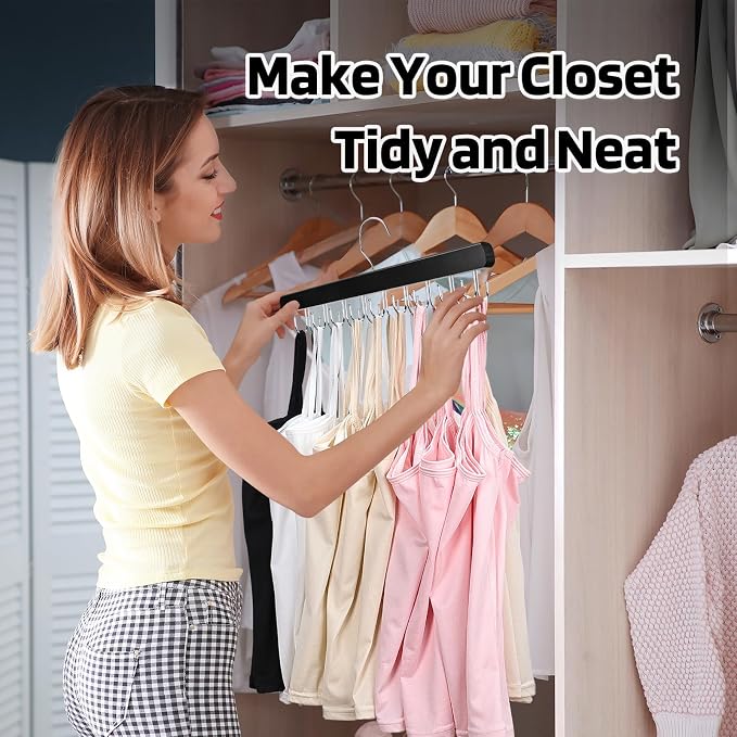 NECAMOCU 2 Pack Bra Hanger for Closet Organizer, Premium Wooden Tank Top Hangers with 36 Foldable Hooks, 360° Rotating Design, Space Saving Storage for Tank Tops, Bras, Scarves and More, Black - Image 6