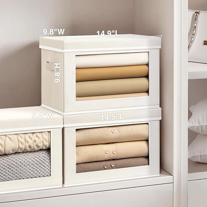 Homsorout Storage Bins with Lids - Medium Storage Box with Lids, Foldable Closet Boxes for Organizing, Stackable Clothes Organizer with Window, Cubes Bins for Living Room, 5 Pack, Beige - Image 3