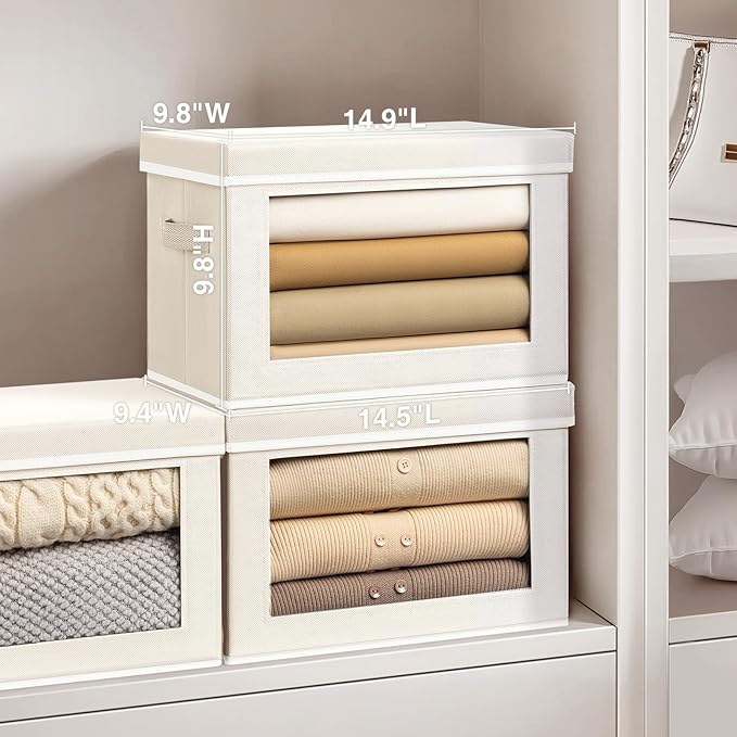 Homsorout Fabric Storage Bins with Lids, Decorative Storage Boxes, Closet Storage Bins with Window, Storage Baskets for Closet, Closet Organizers for Towel, Clothes, Beige, 4-Pack - Image 2