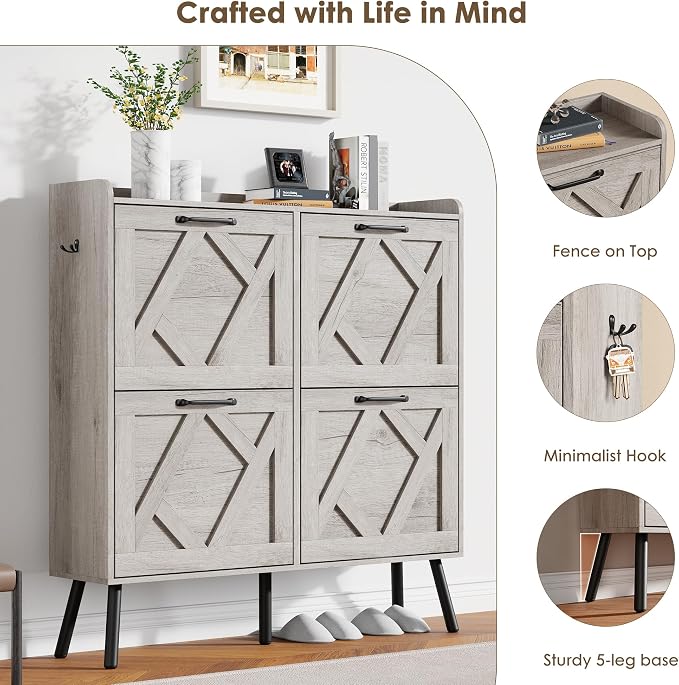 Nicetree Shoe Cabinet with 4 Flip Drawers, Freestanding Shoe Organizer Cabinet, Farmhouse Narrow Shoe Storage Cabinet for Entryway, Foyer, Hallway, Gray - Image 6