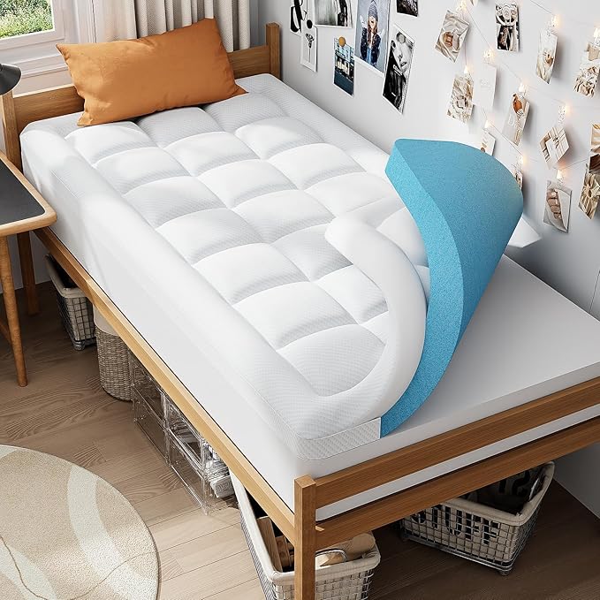 ELEMUSE Twin XL Dual Layer 3 Inch Memory Foam Mattress Topper for College Dorm Room Essentials, 2 Inch Cooling Gel Memory Foam and 1 Inch Soft Pillow Top Mattress Pad Extra Long Twin