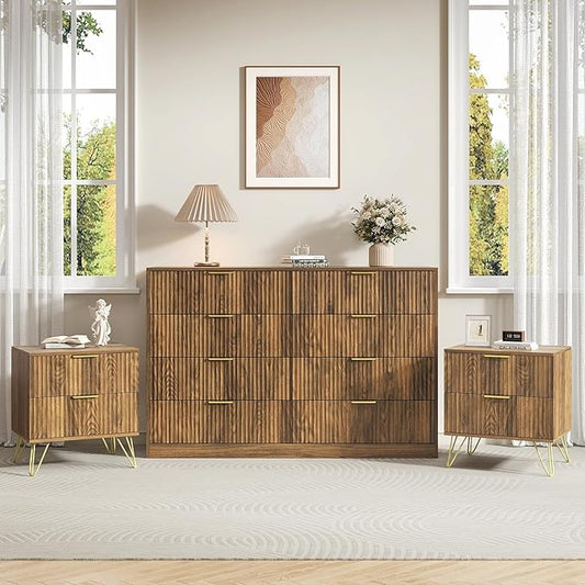 8 Drawer Dresser and Nightstand Sets for Bedroom, 3 Pcs Bedroom Set，Night Stand Set of 2 & 8 Drawer Dresser with Gold Handles, Modern Wood Chest of Drawers Storage Cabinet Set, Natural