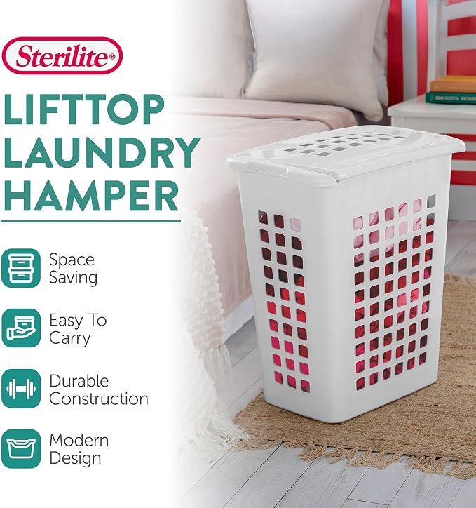 Sterilite 4-Pack LiftTop, Laundry Hamper for Clothes, Tall and Rectangular Plastic Basket with Lid, White - Large and Portable Storage Bin for Clothing and Towels - Ideal for Bathroom and Bedroom - Image 2