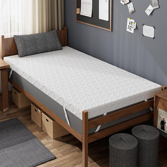ELEMUSE 2 Inch Gel Memory Foam Mattress Topper Twin XL- Cooling Ice Silk Removable & Washable Cover, Mattress Topper for Dorm Room Essentials, Adjustable Strap & Non-Slip, CertiPUR-US Certified
