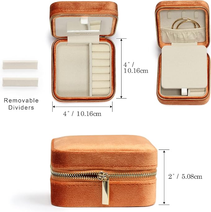 BLUTETE Travel Jewelry Box Organizer Velvet Travel Case With Mirror Rings Earrings Necklaces Storage Organizer Box (Orange) - Image 2