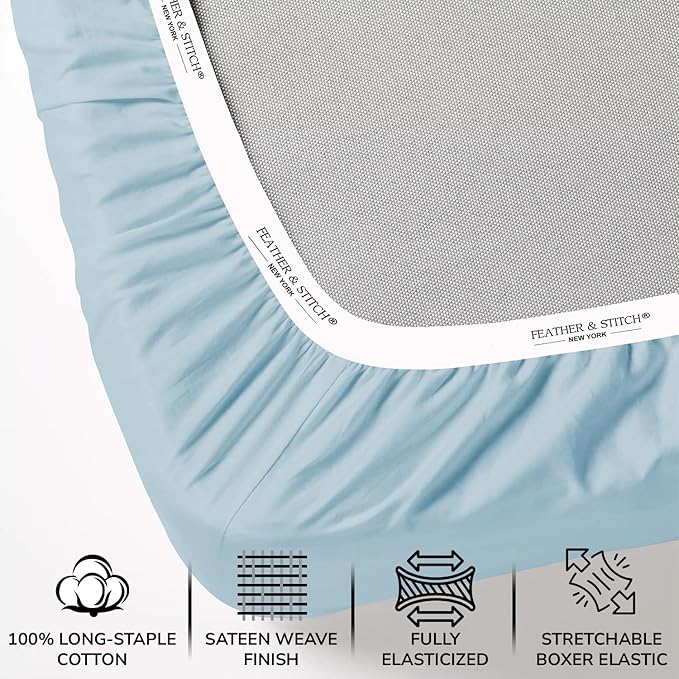 Feather & Stitch 500 TC California King Size 4pc Damask Bed Sheet Set, 100% Soft Cotton Breathable Bedsheets, 18" Deep Pockets Sateen Weave Solid Bedding Mattress - (Feather Blue)