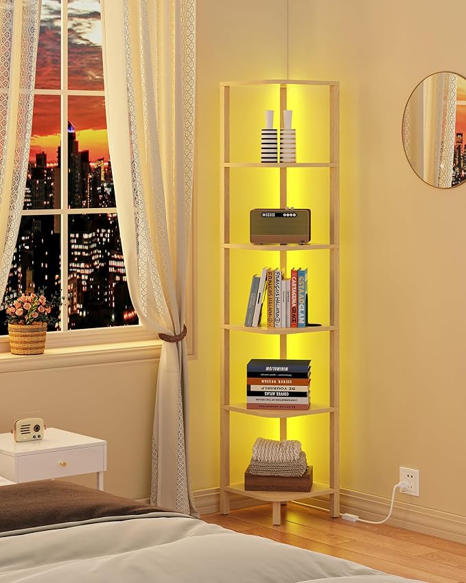 TUTOTAK Corner Shelf with LED Light, 6-Tier Corner Bookshelf for Small Space, Narrow Display Corner Shelf Stand with Storage Rack, for Living Room, Bedroom, Natural BS08BN006L - Image 4