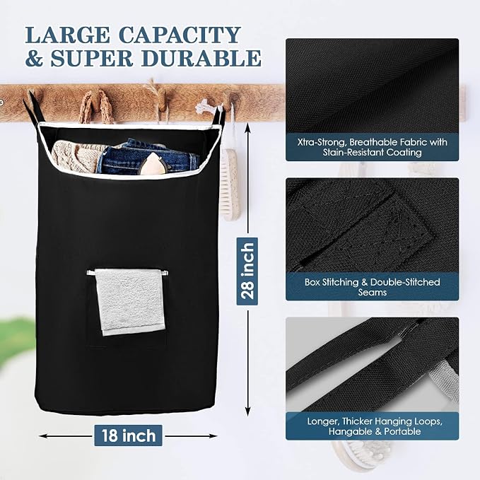 The Fine Living Co. Large Hanging Laundry Hamper with Over Door Hooks & Adhesive, Durable Space Saving Laundry Bag with Zipper and Wide Open Top, Hanging Dorm Laundry Hamper 18"x4.75"x28" (Black-L) - Image 2