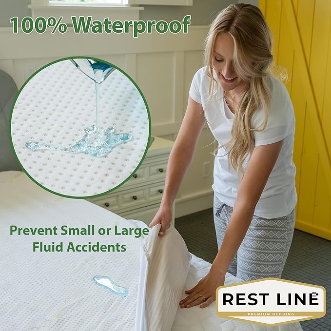 Twin Size 39x75” Premium Organic Cotton Waterproof Mattress Protector, 100% Cotton, Hypoallergenic, Cooling Mattress Pad Cover, Soft & Breathable Fitted Sheet Style up to 18" Deep - Rest Line