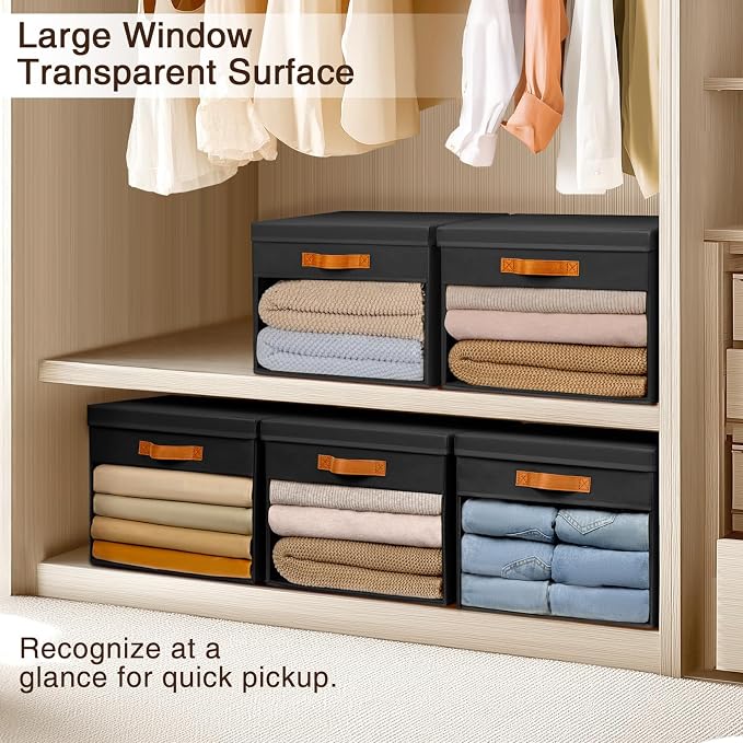 Homsorout Large Storage Bins with Lids - 3 Pack Foldable Decorative Organizers with Clear Windows & Handles, Cube Storage Organizers for Clothes, Blankets, Sweaters, Sheets, Black - Image 5