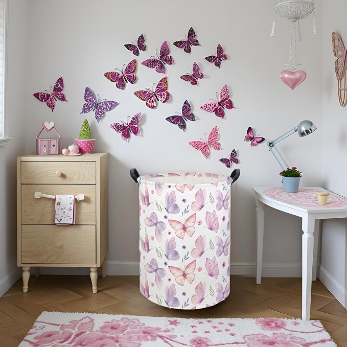 HIYAGON Butterfly Baby Laundry Basket Baby Hamper for Nursery Girl Kids Butterfly Hamper Cute Kids Toys Storage Bin Organizer Butterfly Room Decor for Home(Watercolor Butterfly) - Image 5