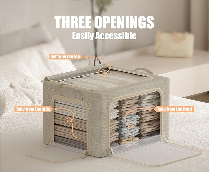 3 Opeings Large Clothes Storage Bins with Metal Frame, Foldable Storage Bin for Clothes, Clothing Storage Bins with Lid, Linen Storage Box With Clear Window＆ Zippers＆ Durable Handles.(3 Pcs,Beige,66L) - Image 3