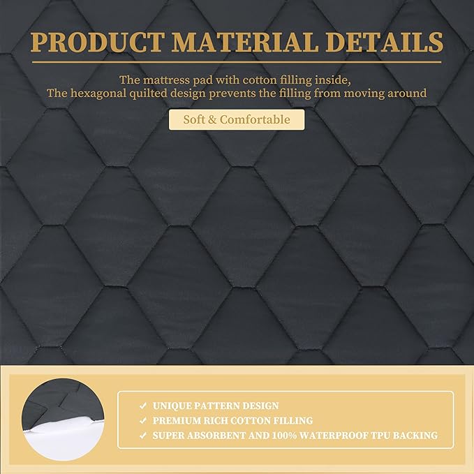 Queen Quilted Fitted Waterproof Mattress Pad, Breathable Premium Soft Filling Mattress Protector, 8-21 Inches Deep Pocket Noiseless Mattress Cover (Grey)