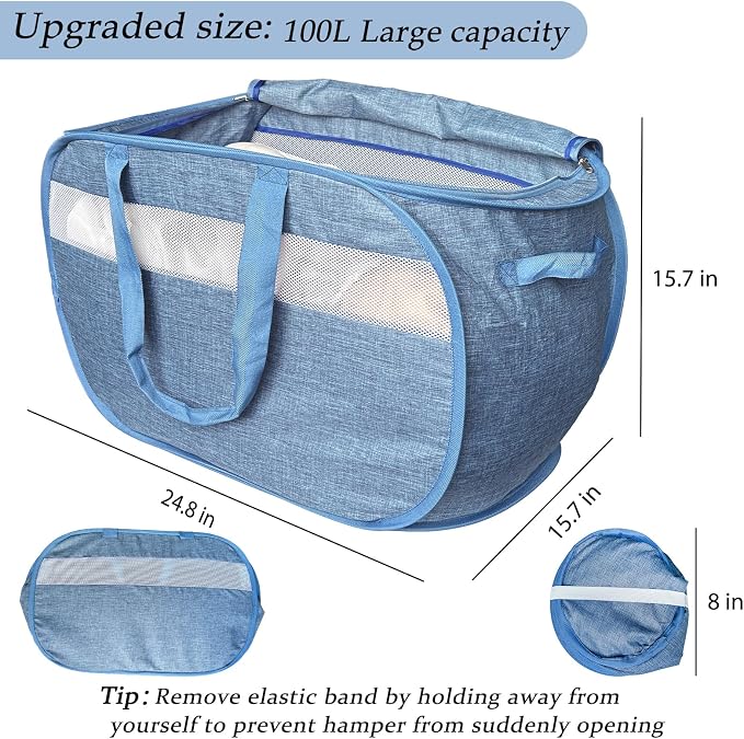Upgraded 100L Extra Large Mesh Pop Up Laundry Hamper with Lid and Handles. XL Closet Storage Bins, Dirty Clothes Basket for Dorm Home, Foldable Laundry Basket. Blue. H - Image 3