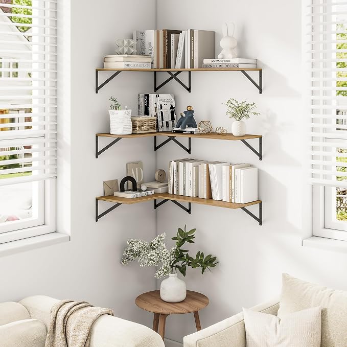 Heimlove Deep Floating Shelves for Wall, 12 Inch Deep Floating Shelves Set of 3, 16W x 12D Wood Wall Shelves, Wide Wood Shelves with Metal Bracket for Living Room, Kitchen, Office, Bedroom - Oak - Image 6