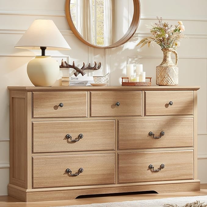 Farmhouse Dressers & Night Stand Set of 3,54" Wide 7 Drawer Dresser & 45" Tall Chest of Drawers, 18" Wide 2 Drawers End Table with Charging Station,Furniture Dresser Sets for Home,Natural