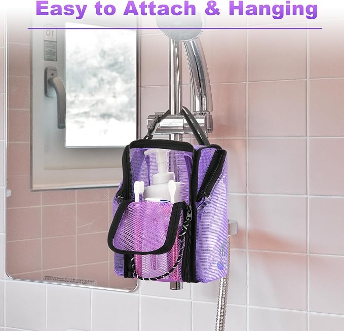 Cosmos Mesh Shower Caddy Toiletry Organizer Hanging Shower Tote Bag, Quick Dry Shower Organizer Portable Bath Bag with Durable Zippers & Side Pockets for Travel Gym Swimming Beach & Camp (Purple) - Image 5