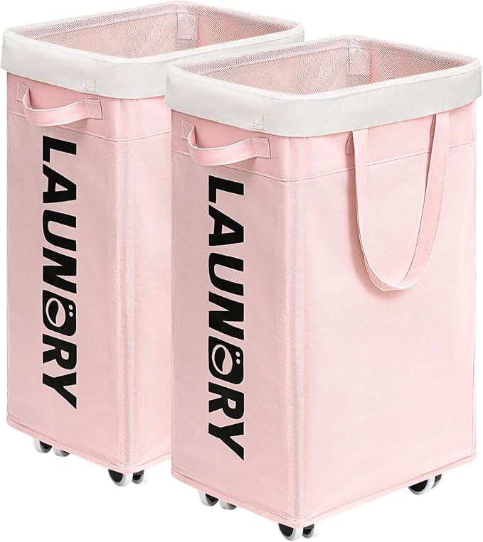 CHICVITA Laundry Hamper with Wheels 2-Pack, 75L Collapsible Laundry Basket with Removable Wash Bags, Pink Laundry Hamper for Corner Dorm, Rolling Laundry Basket on Wheels by CHICVITA