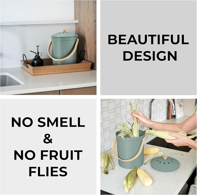 Beautiful Kitchen Compost Bin with Smell Proof Lid - Rust Proof and Odorless Compost Bucket for Your Countertop with No Smell Filters - Easy to Clean 1.1 Gallon Bin Looks Great On Any Kitchen Counter - Image 3