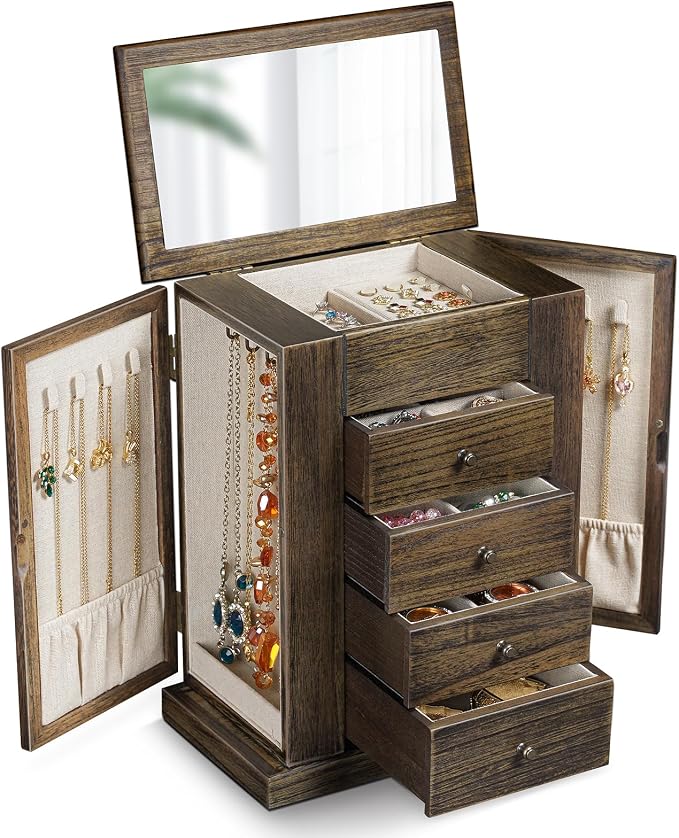 Emfogo Jewelry Box for Women, 5 Layer Large Wood Jewelry Boxes & Organizers for Necklaces Earrings Rings Bracelets, Rustic Jewelry Organizer Box with Rattan, Drawers and Mirror(Vintage) by Emfogo