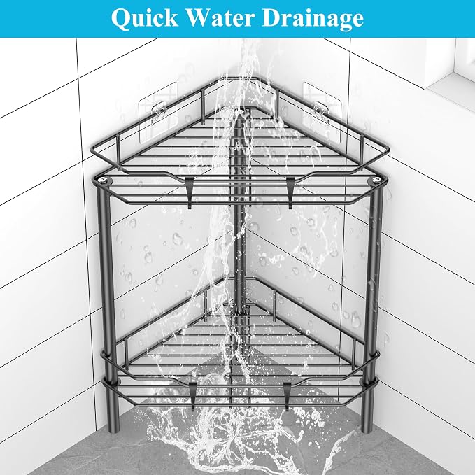 HuggieGems 2 Tier Floor Standing Corner Shower Caddy Organizer Shelf with Hooks, Bathroom Shelves Stand Rack, Black - Image 6
