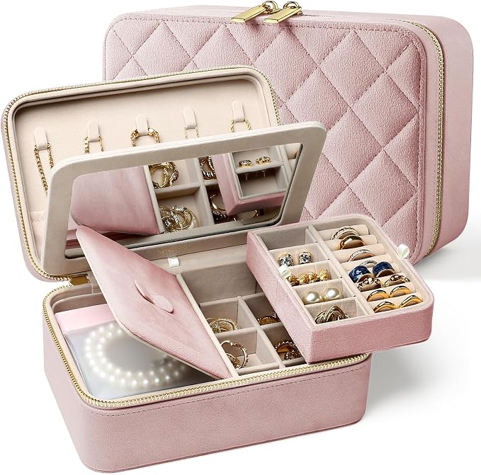 Velvet Travel Jewelry Box with Large Mirror, Double-Layer Jewelry Organizer Case for Women and Girls, Portable Storage Case with 6 Anti-Tarnish Bags Gift Ready for Her (Blush Pink) by Lumayina