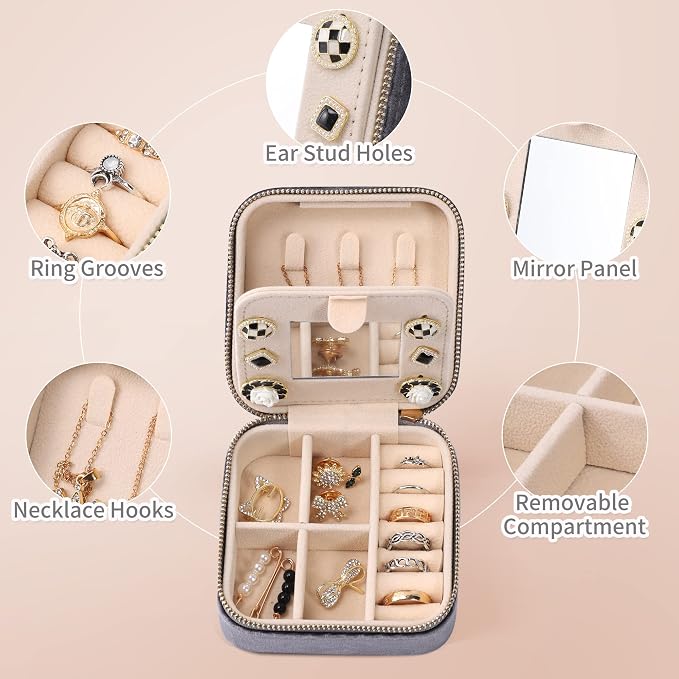 Dajasan Velvet Travel Jewelry Box, Mini Travel Jewelry Case, Small Portable Travel Jewelry Organizer Box with Mirror for Earrings Bracelets Rings Necklace (Grey) - Image 4