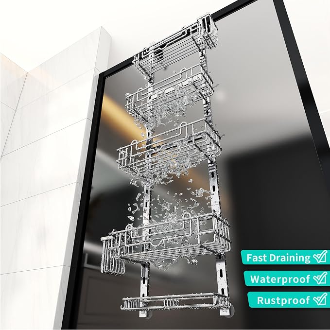 HapiRm 5 Tier Over the Door Shower Caddy, Hanging Shower Caddy with 28 Hooks and 2 Toothbrush Holders, No Drilling Adjustable Hanging Bathroom Organizer - Silver - Image 4