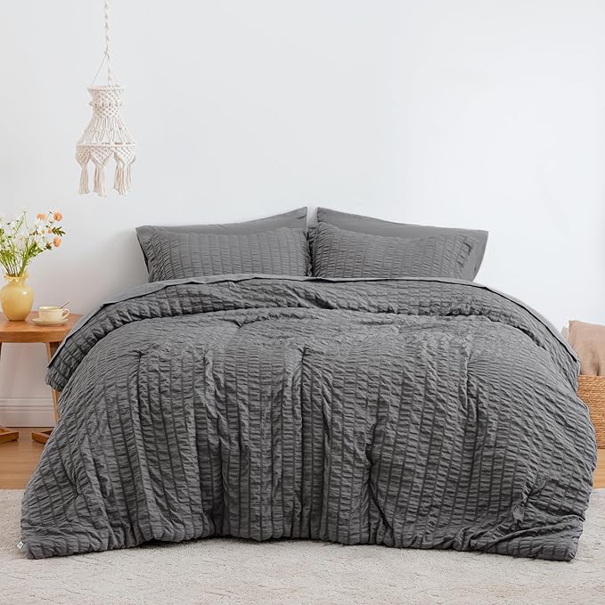 Love's cabin Seersucker Dark Grey Twin XL Comforter Set, 5-Piece All Season Lightweight Bed in a Bag Bedding Set with Comforter, Flat Sheet, Fitted Sheet, Pillowcase and Sham | Soft, Breathable, Lightweight