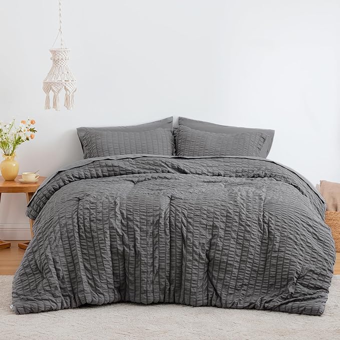 Love's cabin Seersucker Dark Grey King Size Comforter Set, 7-Piece All Season Lightweight Bed in a Bag Bedding Set with Comforter, Flat Sheet, Fitted Sheet, Pillowcases and Shams | Soft, Breathable, Lightweight