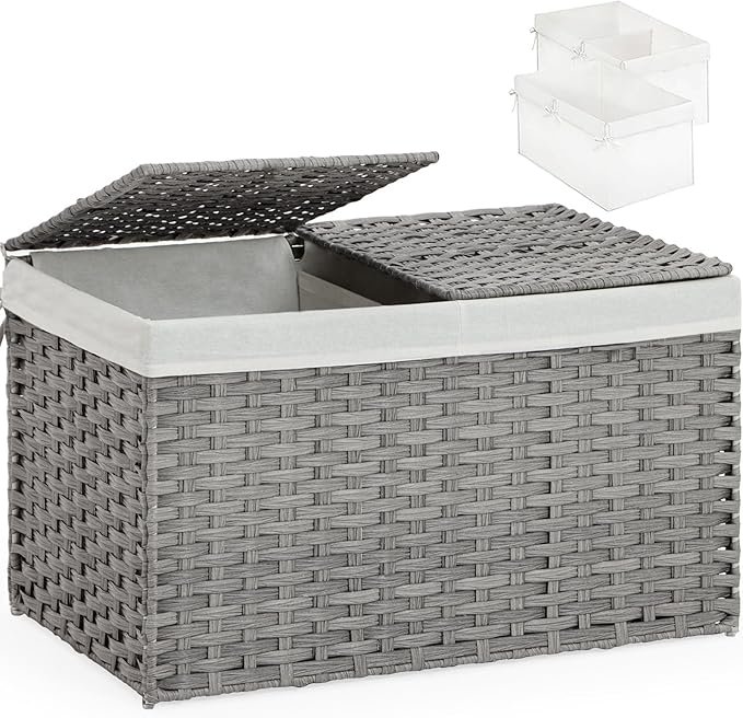 SETVSON Storage Basket with Lid, PE Rattan Woven Storage Baskets with 2 Separate Lids, 17.2 Gallon (65 L), 22.2 x 13 x 13.8 Inches, 2 Removable Liner Bags Handles for Bedroom, Laundry Room Gray by SETVSON