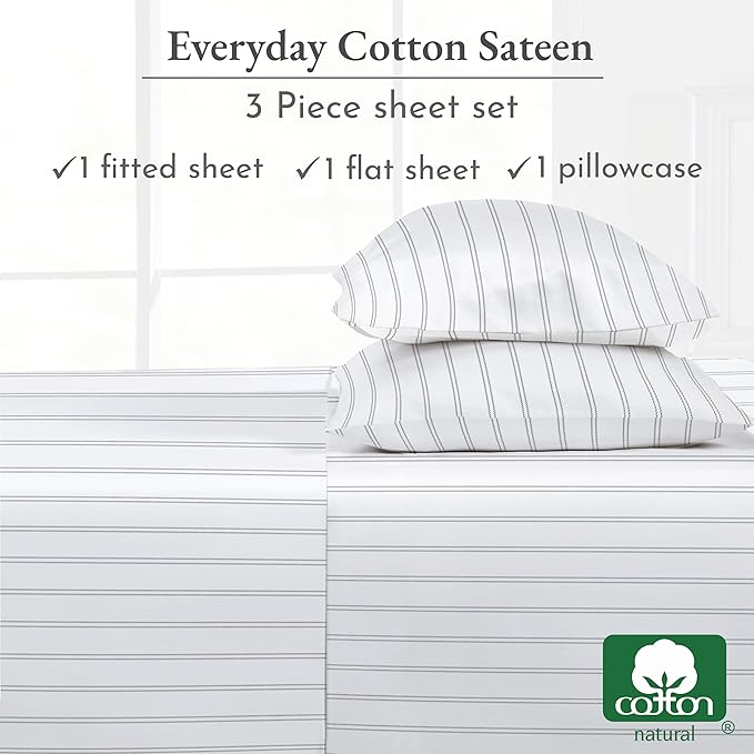 California Design Den Stripe Sheet Set Twin XL, 100% Cotton Twin XL Sheet Set, 12" Pocket Twin XL Size Sheets & Pillowcase Set, Soft Sateen Weave - Classic Stripe