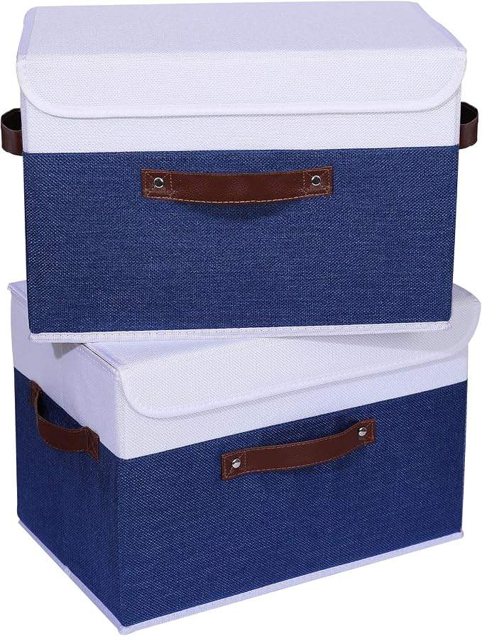 ANMINY 4PCS Storage Boxes with Lid Washable Decorative Storage Bin Basket with PU Leather Handle Foldable Linen Fabric Storage Cube Container for Home Closet Organizer - Deep Blue White, Large Size - Image 8