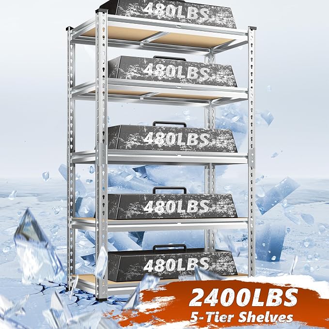 REIBII Garage Shelving, 5 Tier Storage Shelves Load 2400LBS, Adjustable Garage Shelving Heavy Duty, Metal Shelves Unit with Waterproof Columns, 35.5" W x 11.9" D x 72" H, Galvanized, 2 Pack - Image 4