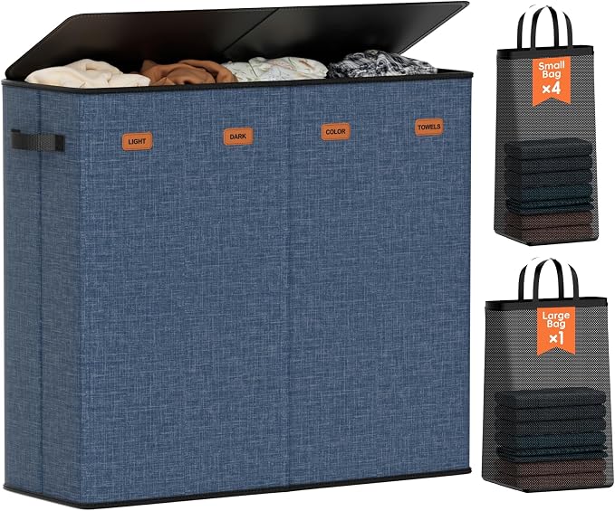 Laundry Hamper 4-Section with Lid, 185L Laundry Sorter with 4 Removable Bags + 1 Extra Large Bag, Switchable 3/4 Compartment, Laundry Basket Organizer for Bedroom, Laundry Room，Navy Bule by Vexalora