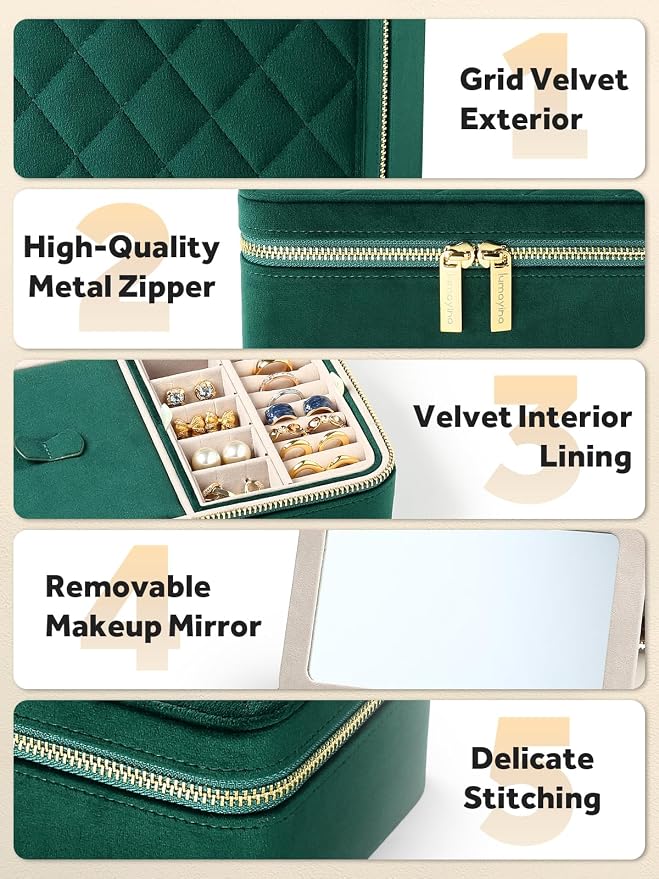 Velvet Travel Jewelry Box with Large Mirror, Double-Layer Jewelry Organizer Case for Women and Girls, Portable Storage Case with 6 Anti-Tarnish Bags Gift Ready for Her (Emerald Green) - Image 5