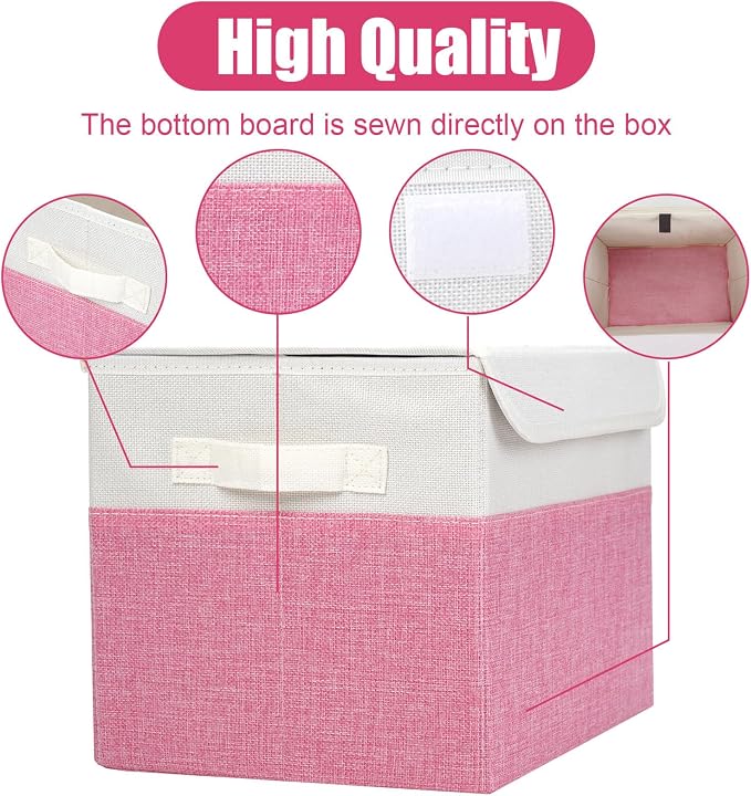 Bagnizer Large 22 Quart Linen Fabric Foldable Storage Bin Cube Organizer Basket with Flip-Top Lid & Handles, Clothes Blanket Box for Home, Office, Closet, Pink & White, 4 Pack 14.6 x 9.5 x 9.5 - Image 5